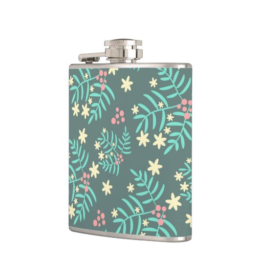 Pretty Botanical Leaves and Berries Blue Pattern Flachmann (Links)