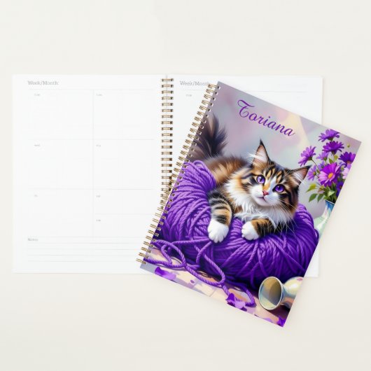 Pretty Cat with Purple Flowers and Yarn   Planer (Anzeige)
