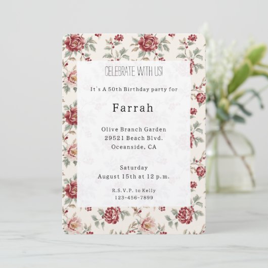 Pretty Chic Red Cream Floral Birthday Einladung (Stehend Vorderseite)