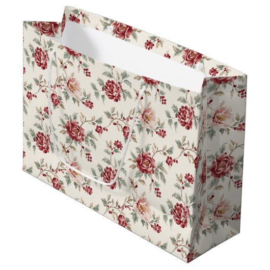 Pretty Chic Red Cream Floral Birthday  Große Geschenktüte (Vorderseite Schrägansicht)