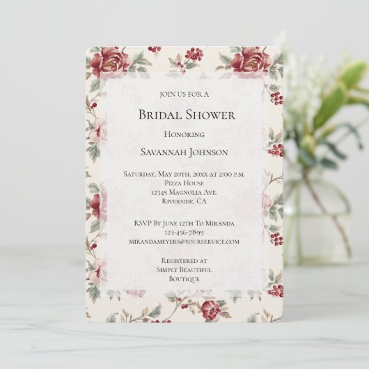 Pretty Chic Red Cream Floral Bridal Shower Einladung (Stehend Vorderseite)