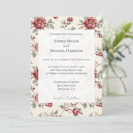 Pretty Chic Red Cream Floral Wedding Einladung (Stehend Vorderseite)