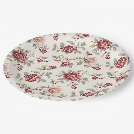 Pretty Chic Red Cream Floral Wedding Pappteller (Schrägansicht)