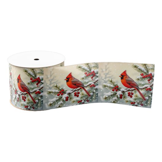 Pretty Christmas Cardinal and Pine Branches Ripsband (Spule)