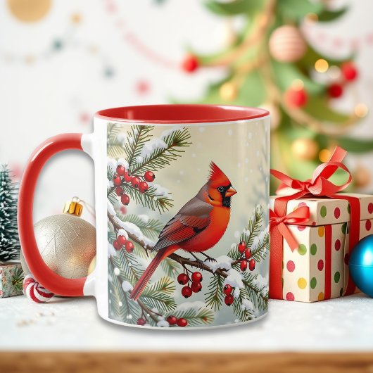 Pretty Christmas Cardinal and Pine Branches Tasse