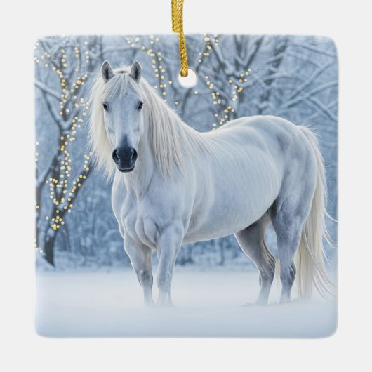 Pretty Christmas White Horse Snow Lights Keramikornament (Vorderseite)