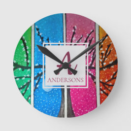Pretty Colorful Blue Green Orange Pink | Monogram Runde Wanduhr