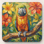 Pretty Colorful Impasto Parrot and Tropical Flower Getränkeuntersetzer (Vorderseite)