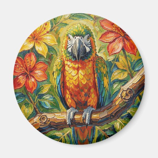 Pretty Colorful Impasto Parrot and Tropical Flower Magnet (Vorne)