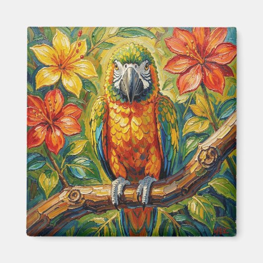 Pretty Colorful Impasto Parrot and Tropical Flower Magnet (Vorne)