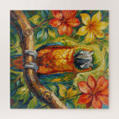 Pretty Colorful Impasto Parrot and Tropical Flower Puzzle (Horizontal)
