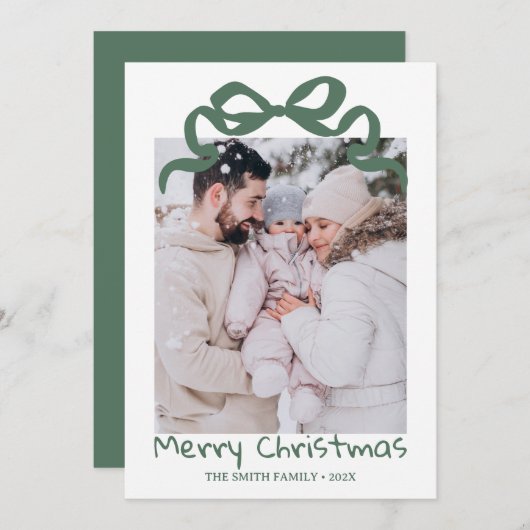 Pretty cute Christmas Green Bow Photo card Einladung (Vorne/Hinten)