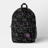 Pretty Ditsy FLoral Muster Black Violet Monogram Bedruckter Rucksack (Vorderseite)