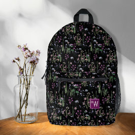 Pretty Ditsy FLoral Muster Black Violet Monogram Bedruckter Rucksack