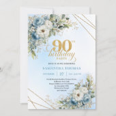 Pretty Dusty Blue Gold Border 90th Birthday Invite Einladung (Vorderseite)