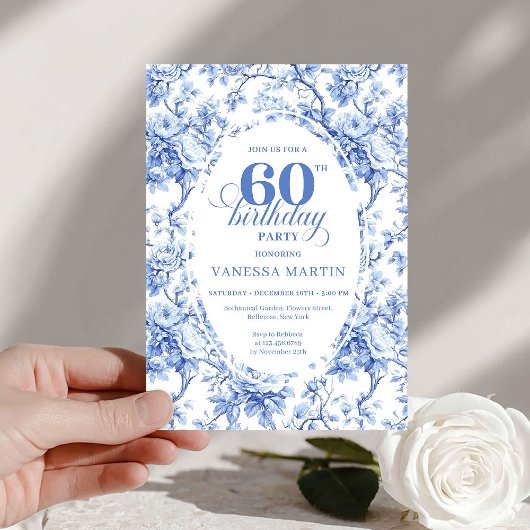 Pretty Dusty Blue Toile Roses 60th Birthday Invite Einladung