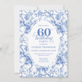 Pretty Dusty Blue Toile Roses 60th Birthday Invite Einladung (Vorderseite)