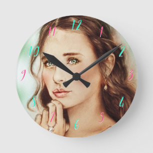 Pretty Elegant Lady Round Clock, Vintage Art Runde Wanduhr