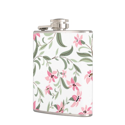 Pretty Elegant Pink Floral Pattern White Flachmann (Links)