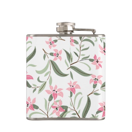 Pretty Elegant Pink Floral Pattern White Flachmann (Rückseite)