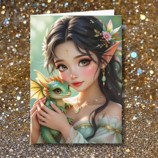 Pretty Elven Fairy & Dragon Themed Girl's Birthday Karte