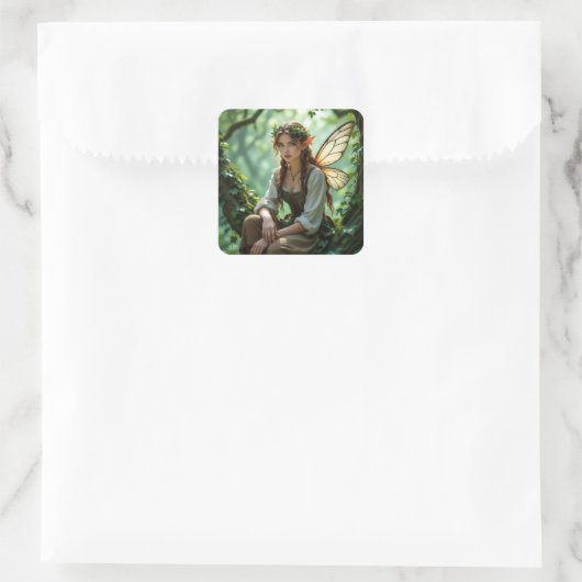 Pretty Elven Fairy in Enchanted Forest Quadratischer Aufkleber (Tasche)