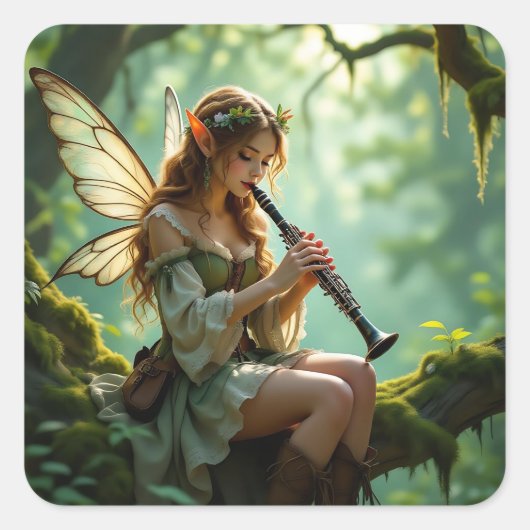 Pretty Elven Fairy Playing Clarinet Quadratischer Aufkleber (Vorderseite)