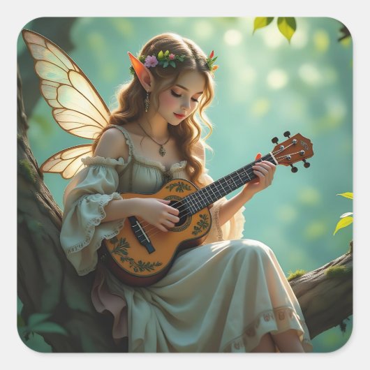 Pretty Elven Fairy Playing Ukulele Quadratischer Aufkleber (Vorderseite)