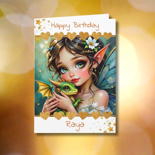 Pretty Fairy and Dragon Themed Girl's Birthday Karte