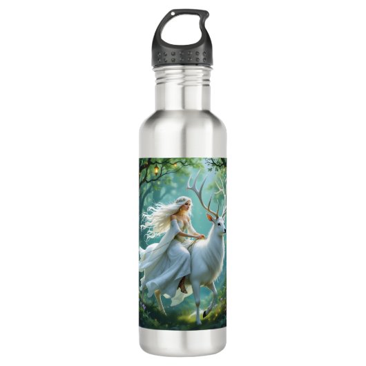 Pretty Fairy and White Deer in Enchanted Forest Edelstahlflasche (Vorderseite)