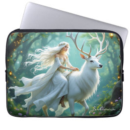 Pretty Fairy and White Deer in Enchanted Forest Laptopschutzhülle