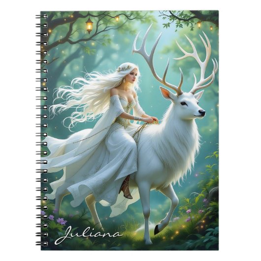 Pretty Fairy and White Deer in Enchanted Forest Notizblock (Vorderseite)