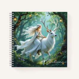 Pretty Fairy and White Deer in Enchanted Forest Notizblock