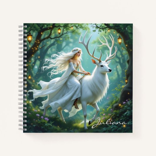 Pretty Fairy and White Deer in Enchanted Forest Notizblock (Vorderseite)
