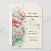 Pretty Fancy Paisley Flower 75th Birthday Einladung (Vorderseite)