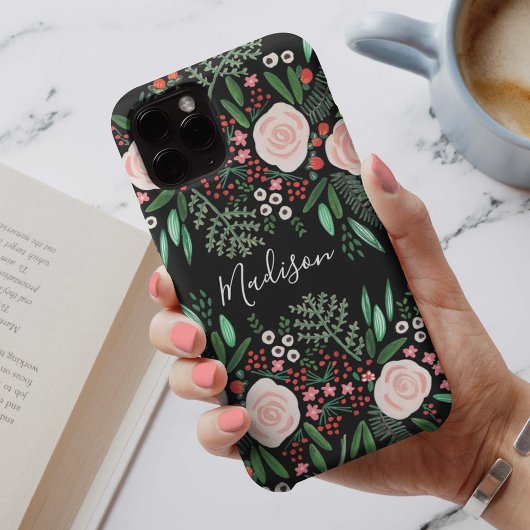 Pretty Feminine Black Botanical Floral Roses Case-Mate iPhone Hülle
