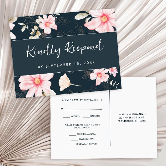 Pretty Floral Blush Rsvp Trendy Script Meal Choice Einladungspostkarte