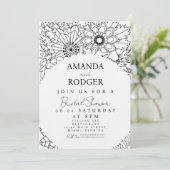 Pretty Floral Doodles Black White Bridal Shower Einladung (Stehend Vorderseite)