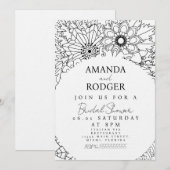 Pretty Floral Doodles Black White Bridal Shower Einladung (Vorne/Hinten)