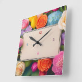Pretty Floral Framed Roses Tulips Hydrangea Quadratische Wanduhr (Winkel)