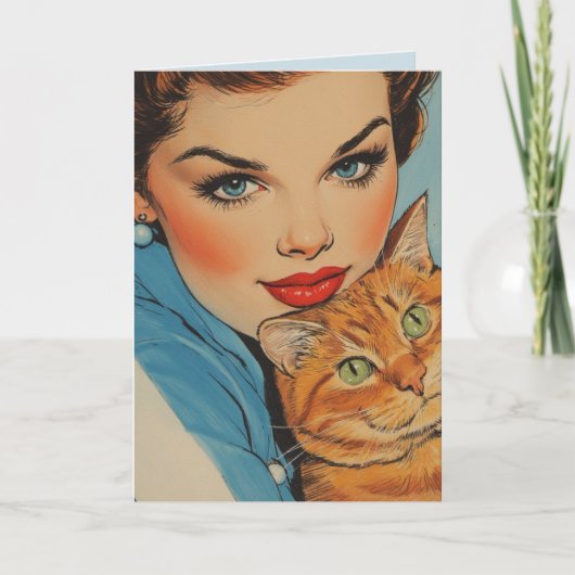 PRETTY GIRL WITH CAT BIRTHDAY RETRO GREETING CARD KARTE (Vorderseite)