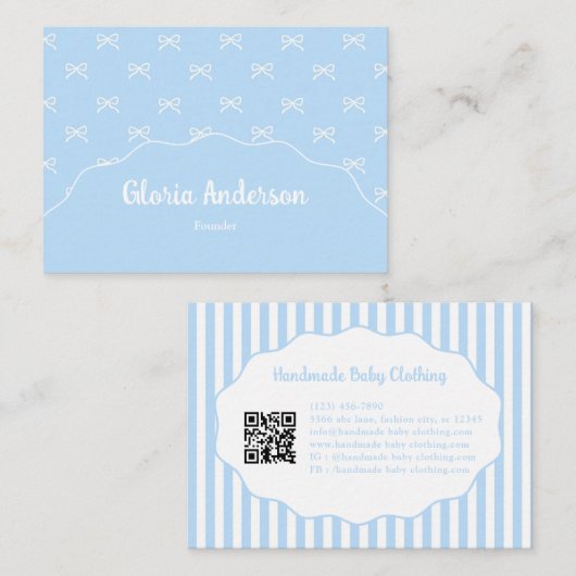 Pretty Girly Feminine Blue White Bow Stripes Visitenkarte (Vorne/Hinten)