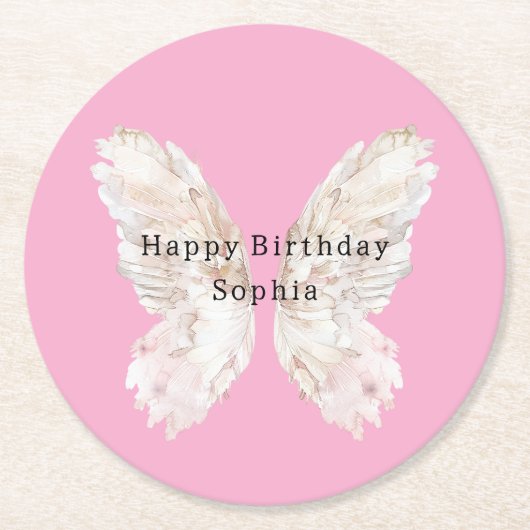 Pretty Girly Pink Butterfly Wings Birthday Runder Pappuntersetzer (Vorderseite)