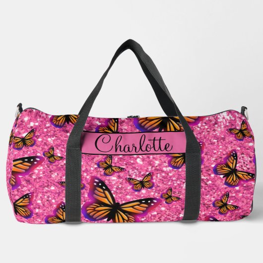 Pretty Girly pink glitter butterflies monogram Duffle Bag (Vorderseite)