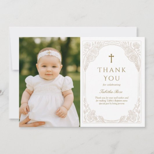 Pretty Gold Floral Baptism Thank You Card Einladung (Vorderseite)