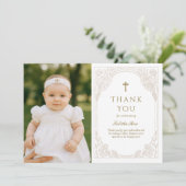 Pretty Gold Floral Baptism Thank You Card Einladung (Stehend Vorderseite)