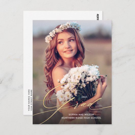 Pretty Gold Script Overlay 1-Photo Graduation Postkarte (Vorne/Hinten)