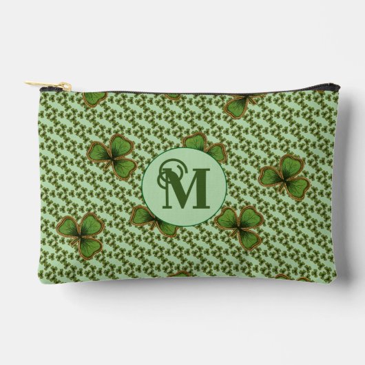 Pretty Green and Gold Irish Shamrocks Monogram Zubehörtasche (Vorderseite)