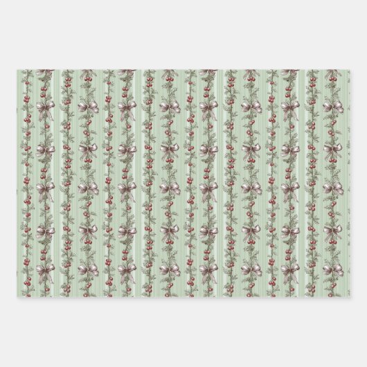 Pretty Green Toile Christmas Berries And Bows Geschenkpapier Set (Vorderseite 3)
