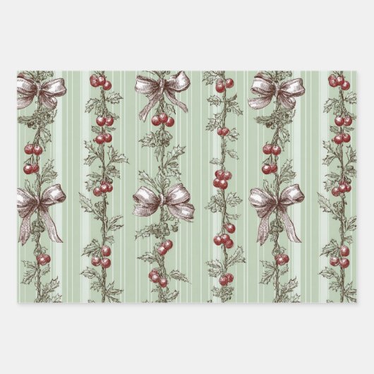 Pretty Green Toile Christmas Berries And Bows Geschenkpapier Set (Vorderseite)